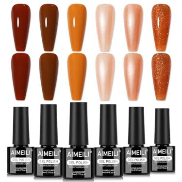 Imagem de AIMEILI Conjunto de esmalte de unhas de gel de outono, 6 peças, sem hema, livre de crueldade, vegano, imersão em U V LED Nail Art Manicure Salon DIY para mulheres - Kit 100