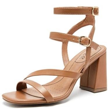 Imagem de Ruiee Sandálias femininas de salto grosso – bico aberto quadrado com tiras no tornozelo elegantes sapatos de festa de casamento para mulheres., Tan 092, 41