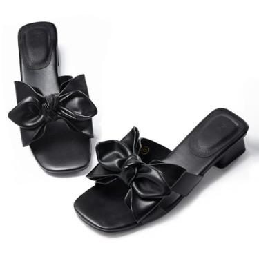 Imagem de Sandálias femininas de salto baixo elegantes com laço para o verão, salto grosso, bico aberto, chinelos sem cadarço, Preto, 8.5