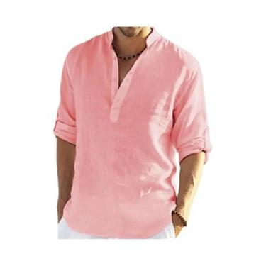 Imagem de Camisa Masculina Casual De Algodão E Linho De Manga Longa Com Gola Alt