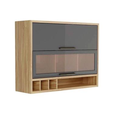 Imagem de Armário de Cozinha Modulado Syrah c/ 2 Portas Basculante (1 c/ Vidro Reflecta) e Nicho Garrefeiro 120cm Amendoa/Chumbo - Ronipa