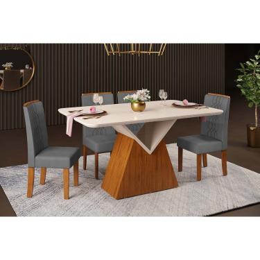 Imagem de Conjunto: Mesa Sala Jantar Argo c/ Tampo Madeirado c/ Vidro Curvo 136x90cm e 4 Cadeiras Zoe Freijo/Off White - Suede Lunar - DJ Móveis