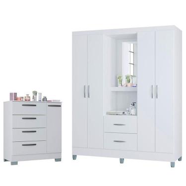 Imagem de Cômoda 868 4 Gavetas E 1 Porta Com Guarda Roupa Solteiro Córdoba 4 Portas Branco Brilho - Poquema