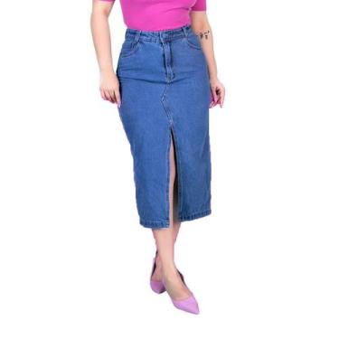 Imagem de Saia Jeans midi cintura alta com fenda lavagem média - Ninas Boutique,