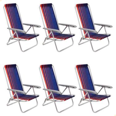 Imagem de Kit 06 Cadeiras de Praia Reclinável Tramontina Bali Baixa Alumínio Assento Azul e Laranja 92900100