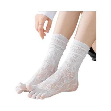 Imagem de Meias De Verão Femininas Com Renda, 3 Pares, De Algodão, Cano Alto, Co