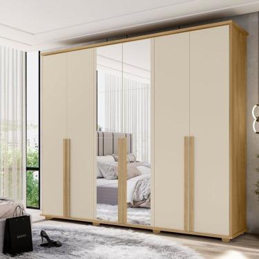 Imagem de Guarda-Roupa 6 Portas com Espelho com 5 Gavetas Internas 1 com Divisória e Maleiro Estrela Cinamomo/Off White