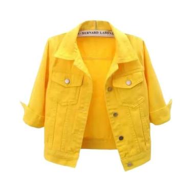 Imagem de Jaqueta Jeans Feminina Rosa Roxa Amarela Curta Casual Solta Primavera 
