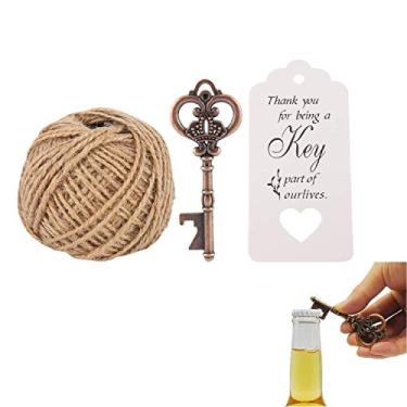 Imagem de Abridor de garrafas de cerveja vinho em formato de chave antigo com cartão de etiqueta de corda para festa de convidados de casamento, 50Pcs+tag+hemp rope, 1