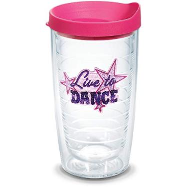 Imagem de Tervis Copo térmico de parede dupla Live to Dance Made in USA mantém as bebidas frias e quentes, 290 ml onduladas - tampa fúcsia, lantejoulas