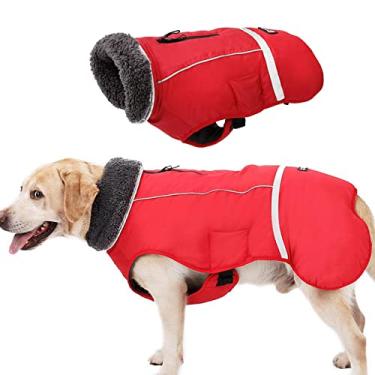 Imagem de Foern Casaco de inverno para cães com gola alta peluda, jaqueta impermeável quente para cães com tira refletiva, colete para cães para clima frio para cães pequenos, médios grandes, vermelho, P