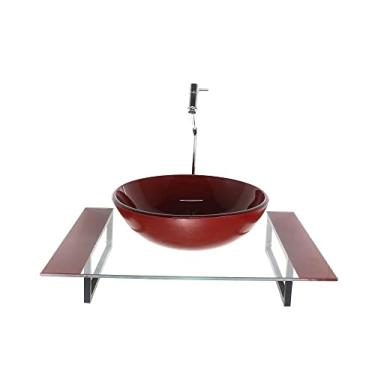 Imagem de KIT CUBA DE VIDRO REDONDA COM TAMPO 60CM VERMELHO CEREJA E SUPORTE PRETO