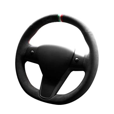 Imagem de Alfanxi Costura à mão Itália Alcantara capa de volante de carro para Tesla Model 3/Tesla Model Y (Alcântara preta + listras de 3 cores)