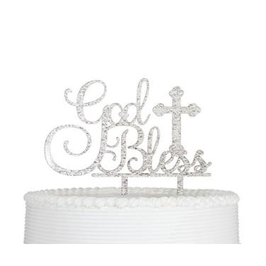 Imagem de Qttier – Topo de bolo God Bless para decoração de batizado ou decoração de chá de bebê de primeira comunhão (prata)