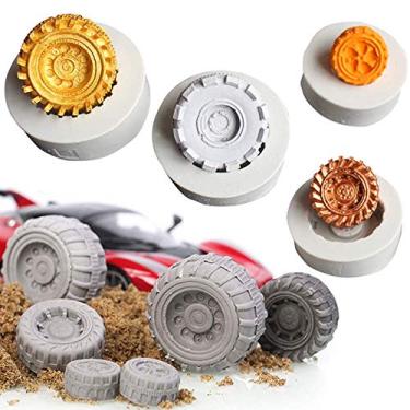 Imagem de 4 peças/conjunto de molde de cobertura de pneu 3D, molde de silicone em forma de roda de trator de caminhão de carro redondo para decoração de bolos de açúcar, doces e polímero, sabonete, vela (branca)