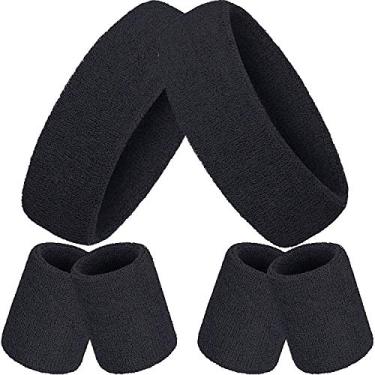 Imagem de Conjunto de tiaras esportivas, inclui faixa de cabeça esportiva e pulseiras, conjunto de faixa de cabeça esportiva de algodão colorido para homens e mulheres (preto, 6 peças)