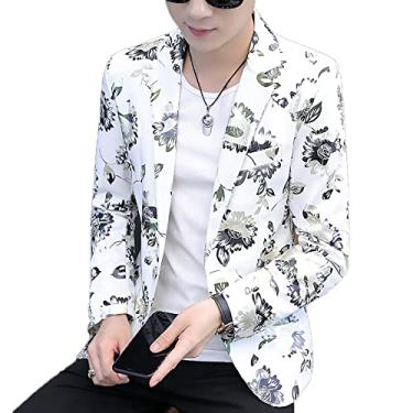 Imagem de Blazer masculino slim primavera casual floral terno jaqueta elegante casaco de negócios de casamento leve um botão poliéster manga comprida, branco, M busto: 88 cm)