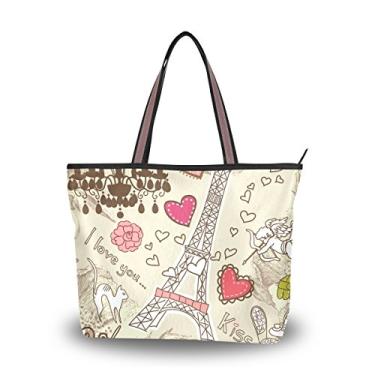 Imagem de ColourLife Bolsa feminina com alça superior e símbolos Paris em bege bolsa de ombro, Multicolorido., Large