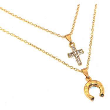 Imagem de Colar Country Duplo Crucifixo Ferradura Folheado Ouro 18k