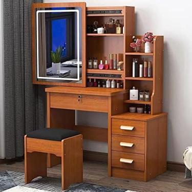 Imagem de Conjunto De Mesa De Toucador Grande Com Espelho Deslizante Iluminado, Penteadeira De Maquiagem Com Prateleiras Ocultas E Banco Acolchoado, Conjunto De Banco De Mesa De Toucador De 4 Gavetas Para Q