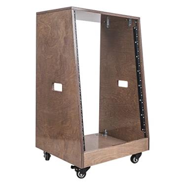 Imagem de Sound Town DIY — Suporte inclinado de madeira compensada de bétula báltica sólida 16U, marrom envelhecido, pés de borracha, rodízios (SDRK-16TB)