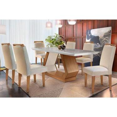 Imagem de Sala de Jantar Completa Alvorada Tampo Madeirado c/ Vidro Reto 180x90cm e 6 Cadeiras Athenas Imbuia/Veludo Creme - Rufato