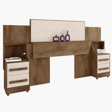 Imagem de Cabeceira para cama box Casal/Queen/King RV Móveis com 02 mesas de cabeceira com tomada Freijó/OFF White