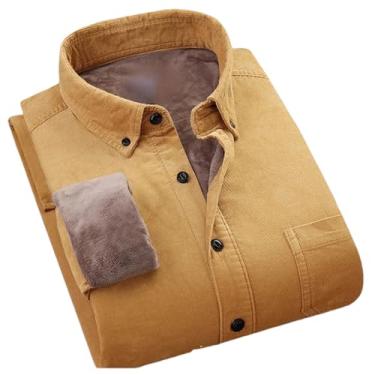 Imagem de Camisa masculina de lã grossa de algodão de veludo cotelê quente de inverno masculina com botões macios streetwear camisa masculina, Caqui, GG