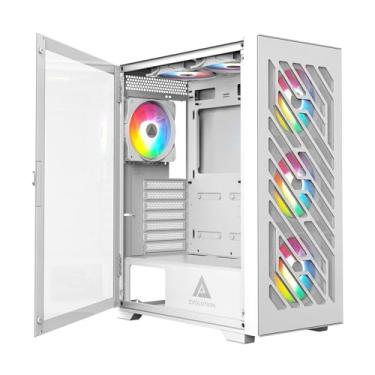Imagem de Apevia EVOLUTION-WH Evolution Mid Tower Capa para PC para jogos com 6 ventoinhas PWM ARGB de 120 mm, 366 modos de luz RGB, 1 painel frontal de malha de placa de metal, 1 painel lateral de vidro