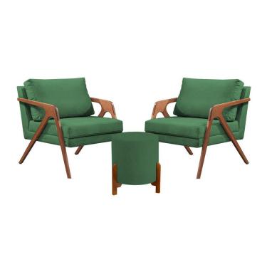 Imagem de Kit 2 Poltronas Mona Decorativa e 1 Puff Thor Estofado Linho Verde Base Madeira Maciça