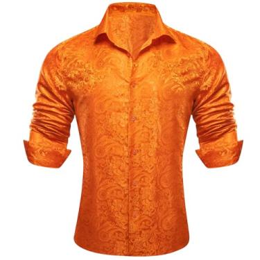 Imagem de Barry.Wang Camisas Paisley para homens camisa muscular de seda botão manga comprida tops regulares moda flor casamento/formal, Paisley laranja, P