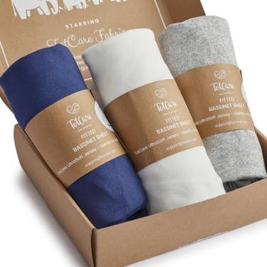 Imagem de TotCare Lençóis com elástico para berço de cabeceira, 83 x 50 cm, para Maxi COSI Iora, Koola Baby, Baby Joy, Angelbliss, Kidsclub – Lençóis macios amanteigados, azul marinho + cinza + nuvem, pacote