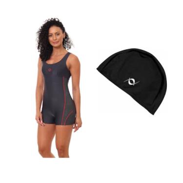 Imagem de Kit Macaquinho Natação E Hidroginástica Com Touca De Helanca (Grafite - Touca Preta, XGG)