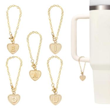 Imagem de BB Beadthoven 5 peças de pingentes de letras para copo, pingentes dourados AEIOU em forma de coração com alça de identificação para copo de água com letra inicial 30 1,134 g com alça, Metal, Sem Pedra