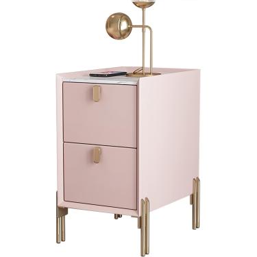 Imagem de Mesa lateral estreita de meados do século | Mesa de cabeceira moderna com 2 gavetas de armazenamento | Mesa de cabeceira minimalista de pedra sinterizada para espaços pequenos, rosa claro, 3