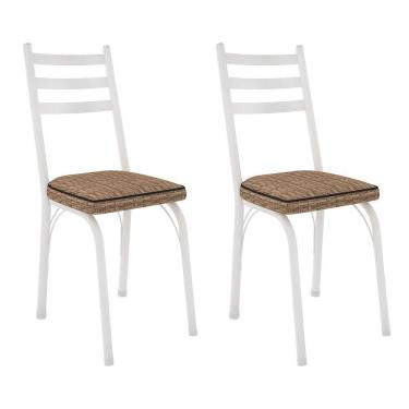 Imagem de Kit 2 Cadeiras De Cozinha Luisiana Estampado Rattan Bege Pés De Ferro Branco