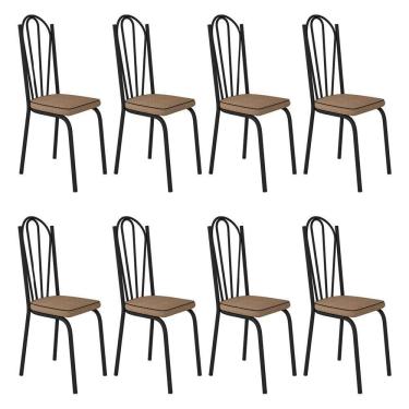 Imagem de Kit 8 Cadeiras De Cozinha Alabama Estampado Rattan Bege Pés De Ferro Preto