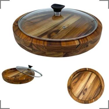 Imagem de Gamela Em Madeira Teca para Churrasco Redonda com Tampa de Vidro - Le 
