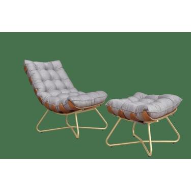 Imagem de Kit Poltrona Costela e Puff Pés Cruzados Dourado Linho Cinza - Neros I