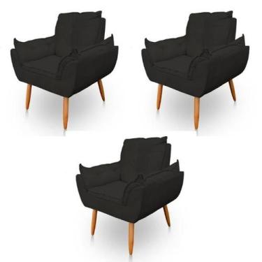 Imagem de Kit 3 Poltronas Decorativa Opala Sala de Estar Tecido Suede Preto Kimi