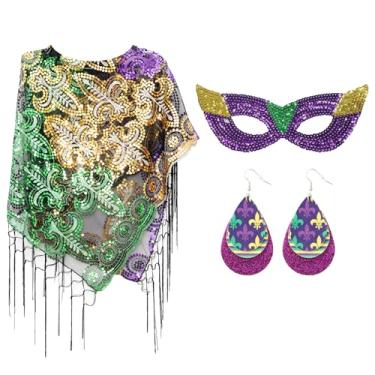 Imagem de Fumwase 3 peças de xaile de carnaval, máscara, brincos de carnaval, acessório de fantasia de carnaval, acessório de carnaval, roupa de carnaval para mulheres, amarelo, verde, roxo, M
