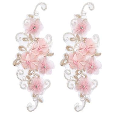Imagem de NBEADS 2 peças de apliques de renda de flor 3D com strass, apliques de renda de flores rosa apliques bordados florais ornamentos costurados em adesivos para decoração de roupas DIY para vestidos de casamento