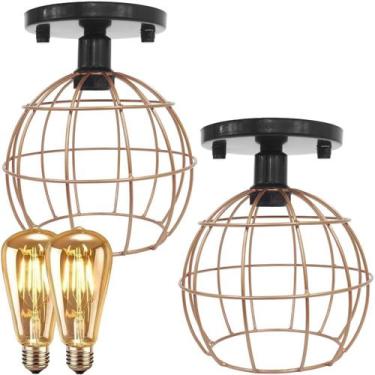 Imagem de 2 Lustre Teto Plafon + 2 Lâmpada Led St64 Industrial Aramado Globo Ret