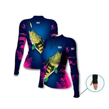 Imagem de Camiseta Pesca Mar Negro Tucunaré Rosa Proteção Solar UV do Infantil ao Adulto