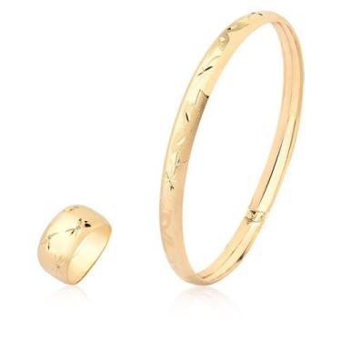 Imagem de Kit Conjunto Anel Largo Pulseira Argola Trabalhada Ouro 10k - MAEHLER 