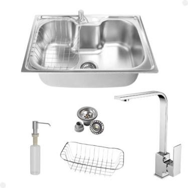 Imagem de Kit Cuba Única Inox  Acessórios Com Torneira Gourmet Monocomando Slim 