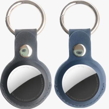 Imagem de Kit 2 Capa Case Capinha Chaveiro Protetor em Couro Compatível com Rastreador Localizador Apple Airtag: Antiperda (Preto e Azul)
