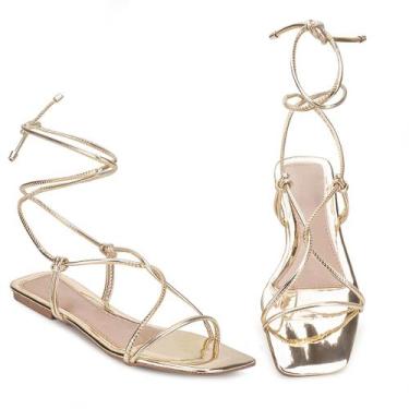 Imagem de Sandália Rasteirinha Dourada  Feminina Regulagem Tira de Amarrar - Riz