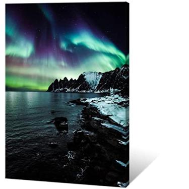 Imagem de Arte de parede em tela grande emoldurada, imagens de Aurora Boreal, impressão de pintura de paisagem em tela, luzes do norte, pôster colorido céu estrelado pronto para pendurar para decoração de casa