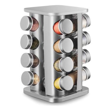 Imagem de Organizador Suporte Porta Temperos Condimentos Mantimentos Giratório Quadrado Inox Com 16 Potes De Vidro Para Cozinha